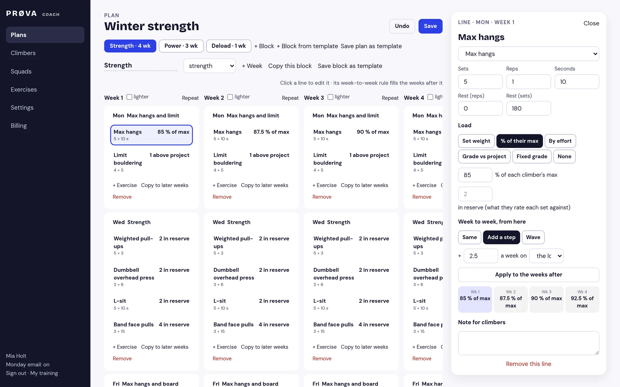 The plan builder: Winter strength, weeks as columns, Max hangs open with a weekly step of 2.5 %: 85, 87.5, 90 and 92.5 % of max across four weeks.