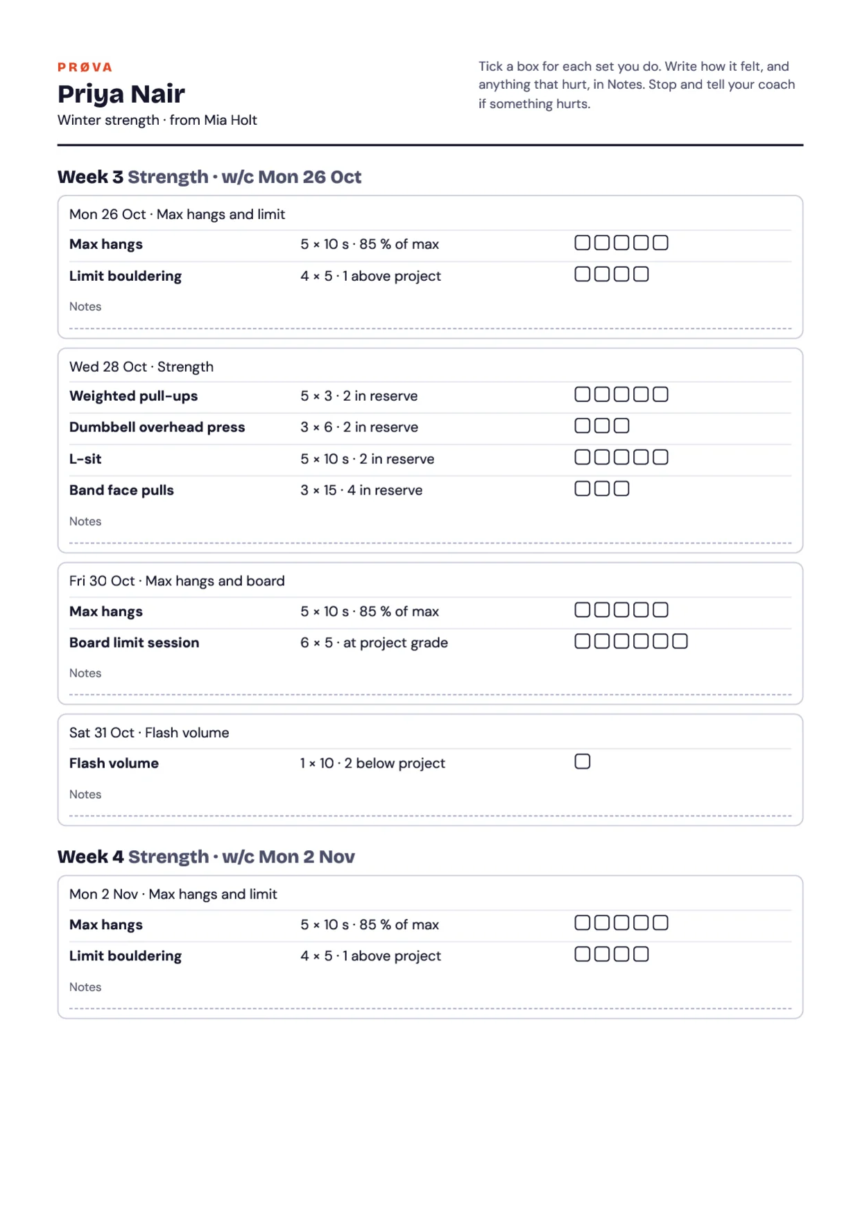 A printed plan for Priya: week 3 of Winter strength, each session with its exercises, a tick box per set and a line for notes.